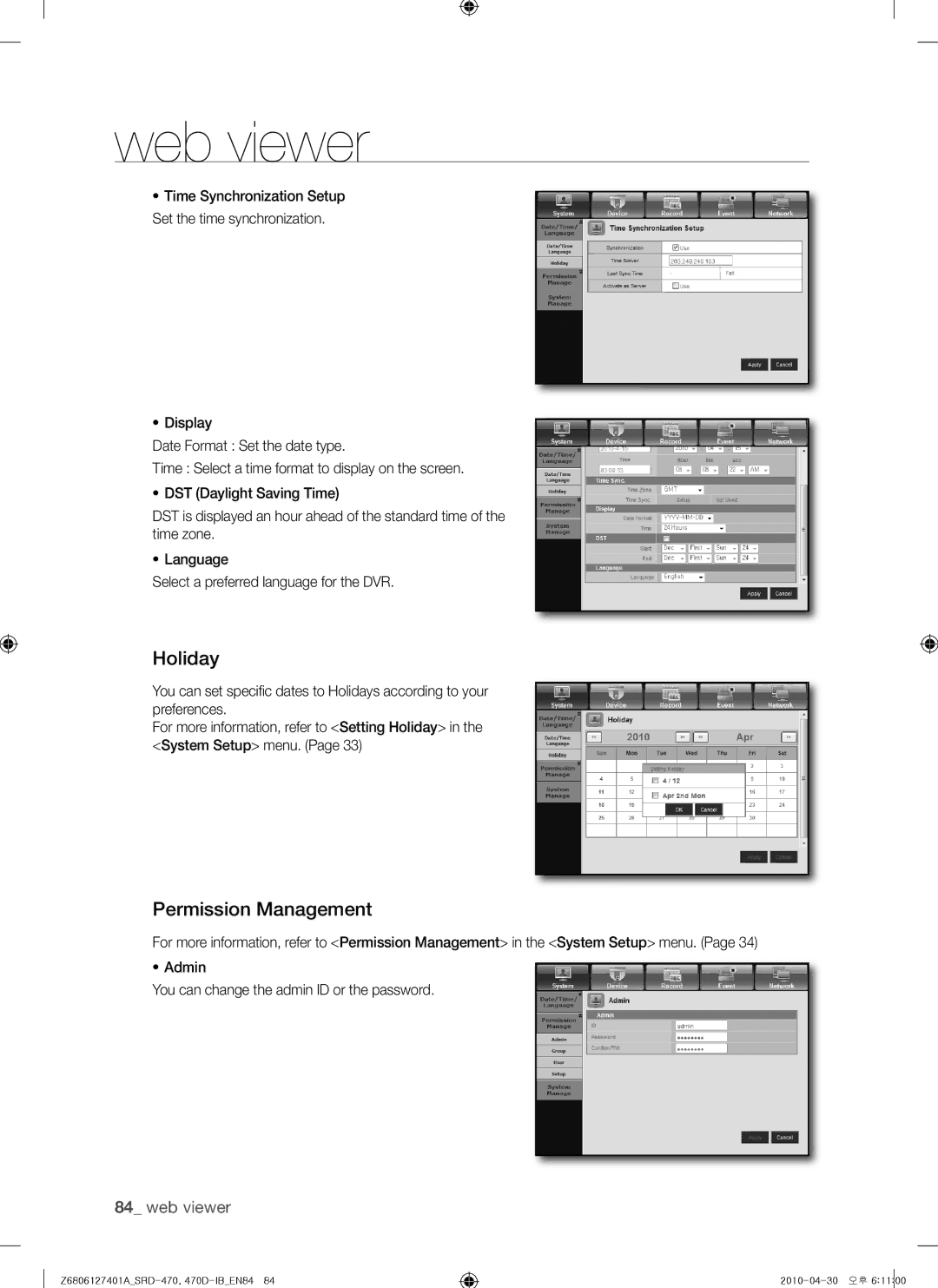 Samsung SRD-470, 470D user manual Holiday, Permission Management 