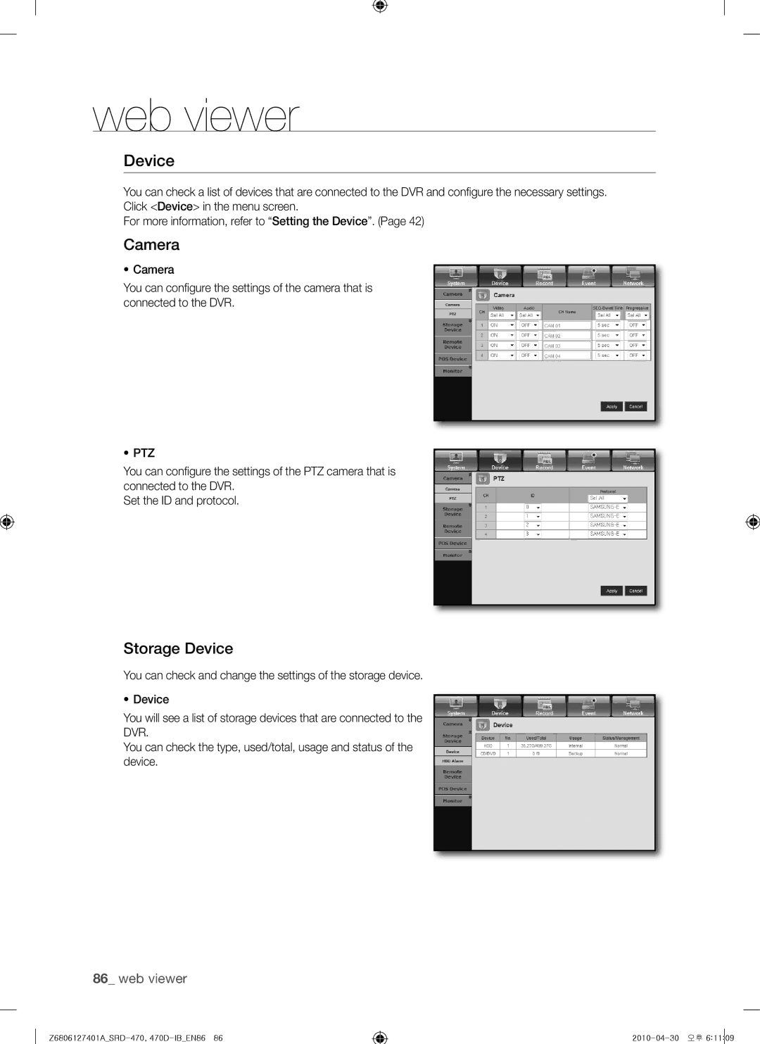 Samsung SRD-470, 470D user manual Camera, Storage Device 