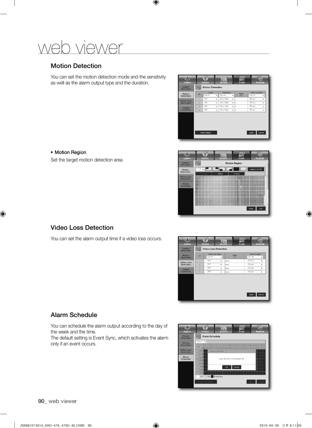 Samsung SRD-470 Motion Detection, Video Loss Detection, Alarm Schedule, Motion Region Set the target motion detection area 