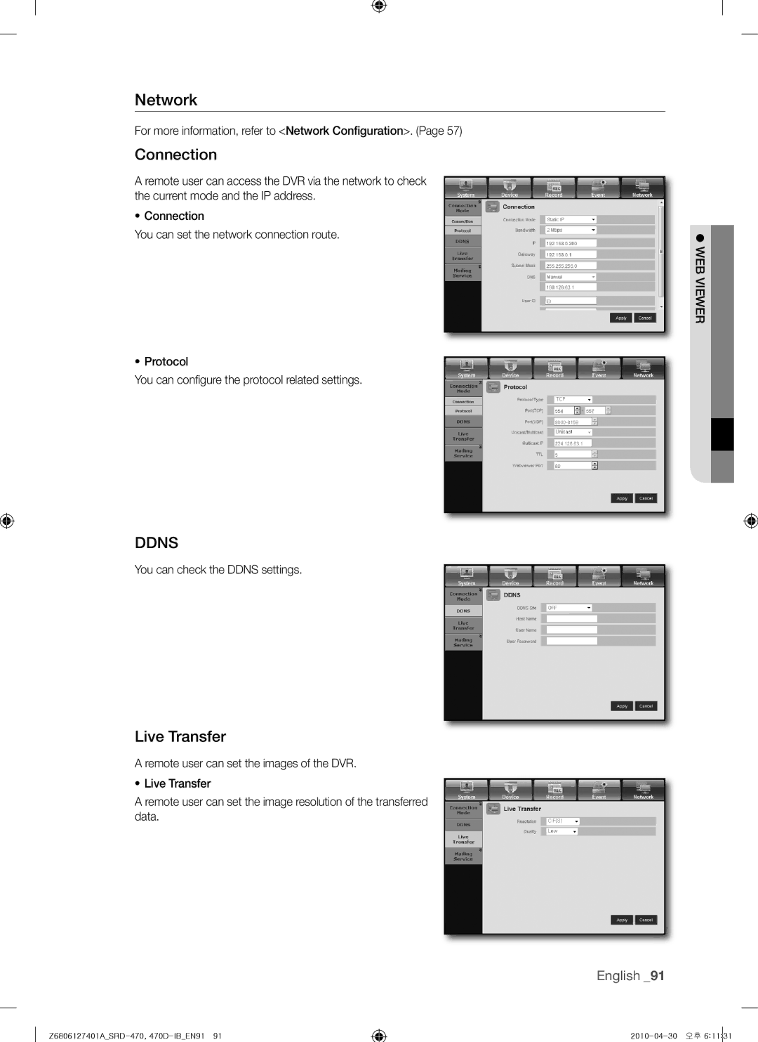 Samsung 470D, SRD-470 user manual Network, Connection, Ddns, Live Transfer 