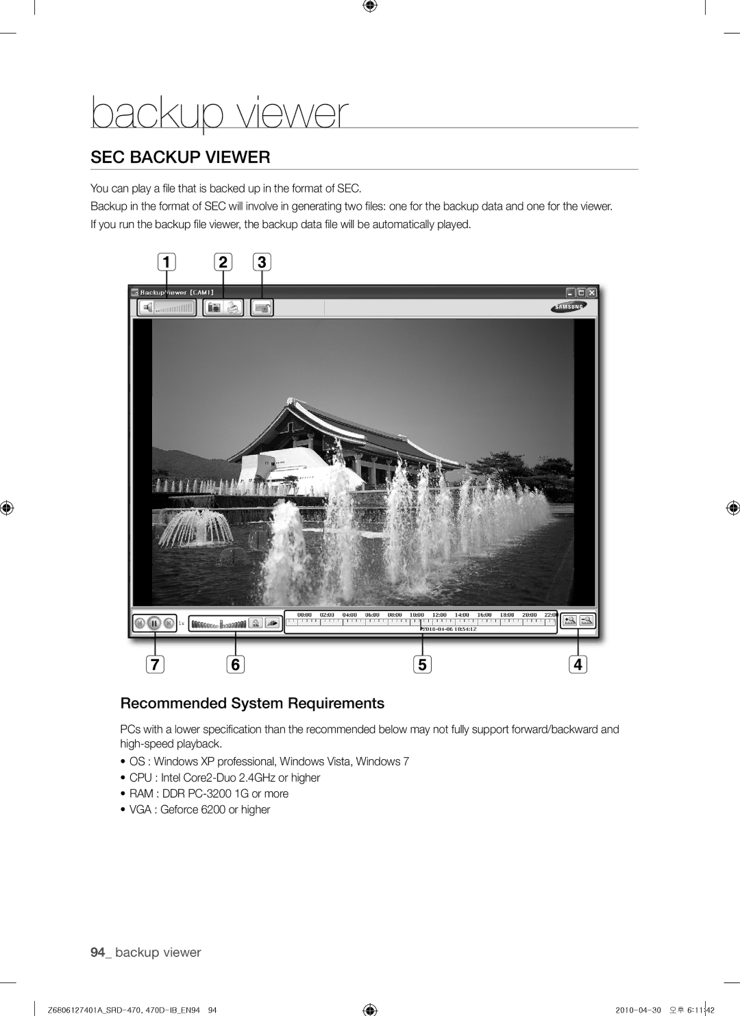 Samsung SRD-470, 470D user manual SEC Backup Viewer, Recommended System Requirements 