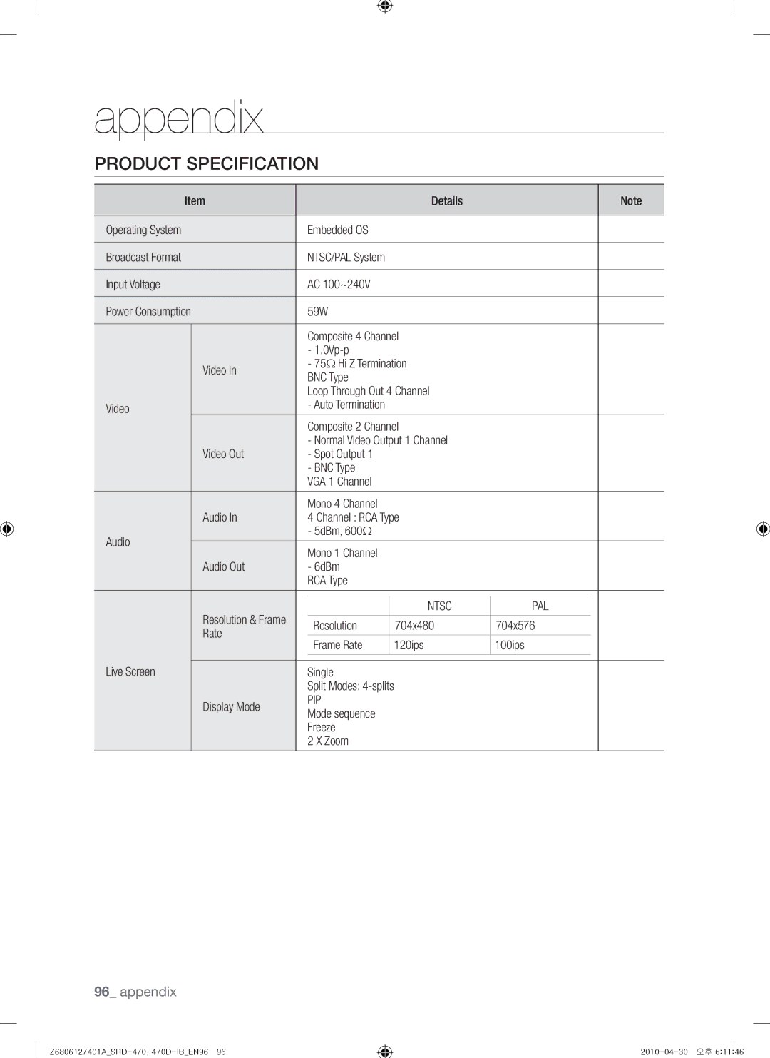 Samsung SRD-470, 470D user manual Product Specification, Ntsc PAL 