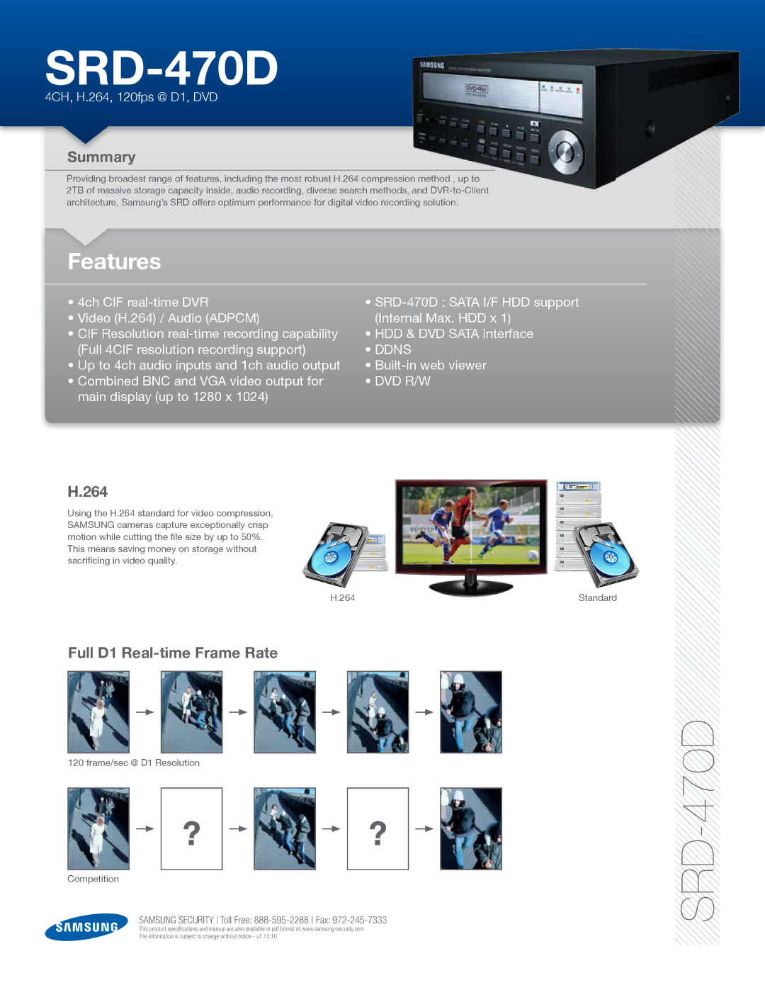 Samsung SRD-470D specifications Summary, 264, Full D1 Real-time Frame Rate 