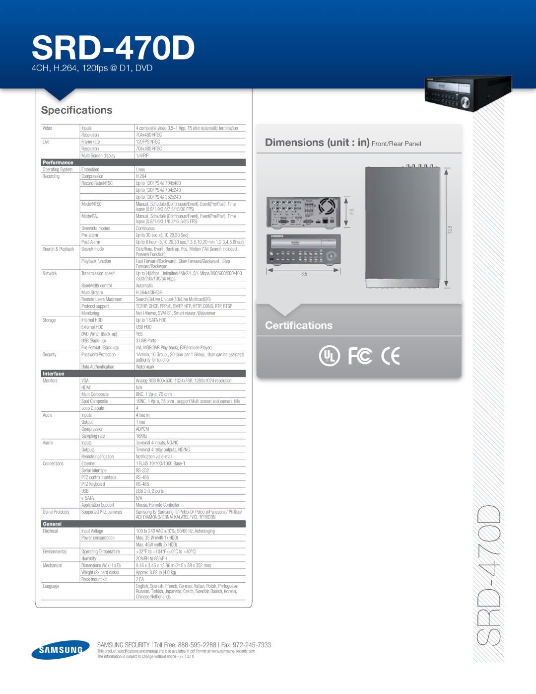 Samsung SRD-470D specifications Specifications, Dimensions unit in Front/Rear Panel, Performance, Interface, General 