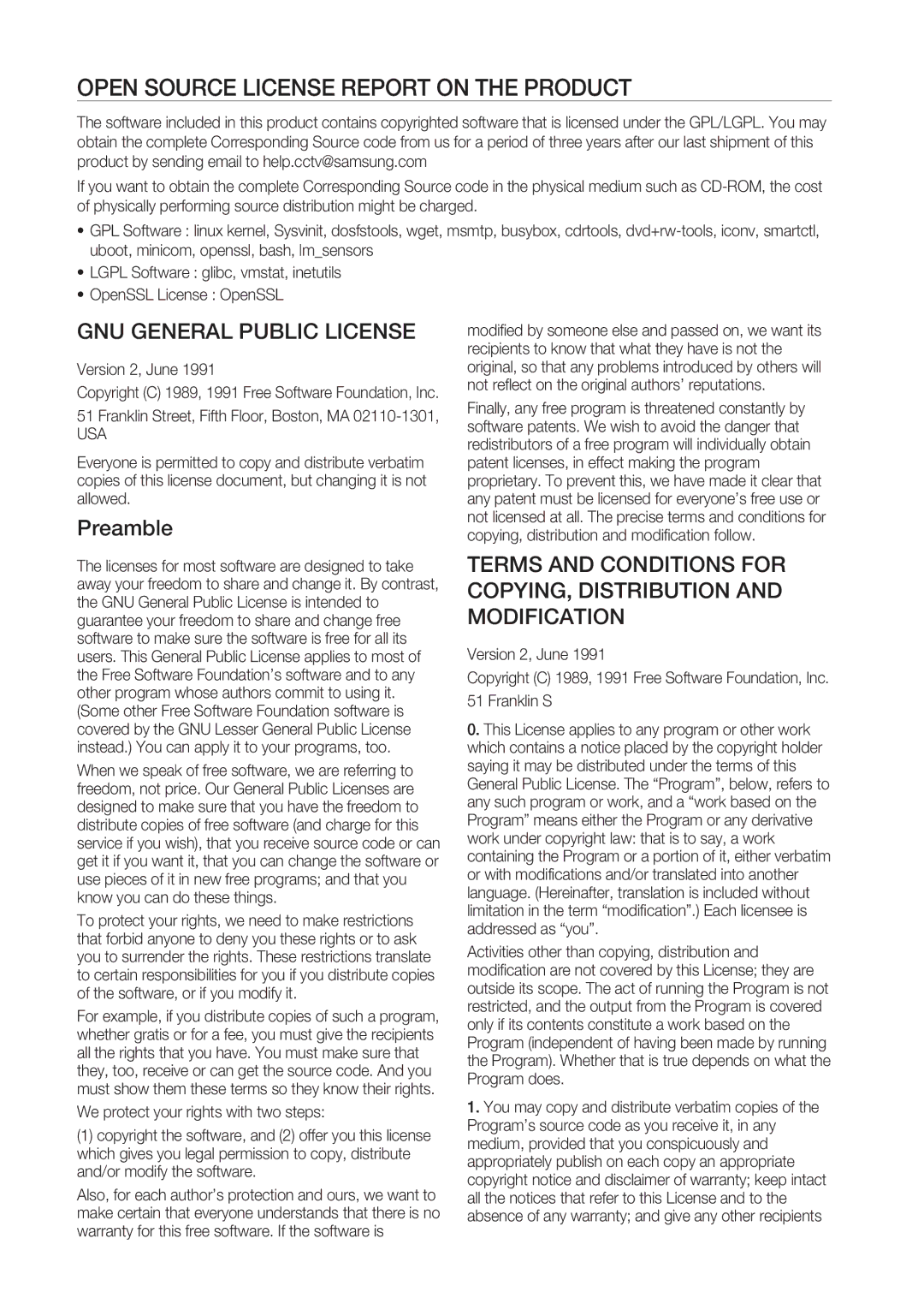 Samsung SRD-852D user manual Open Source License Report on the Product, Preamble, Version 2, June, Usa 