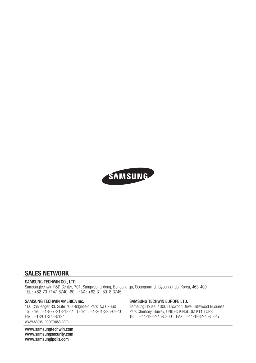 Samsung SRD-852D user manual Sales Network 