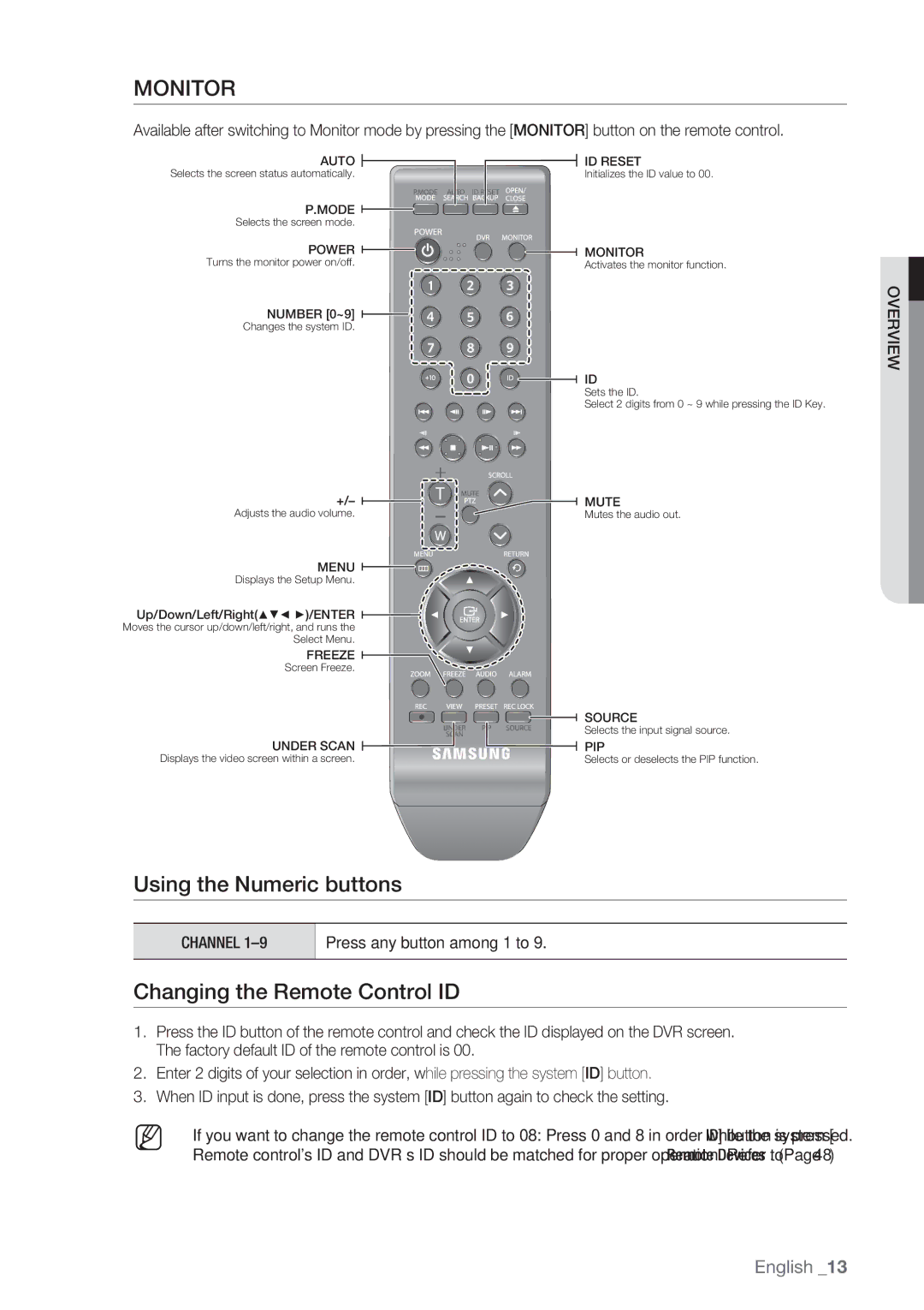 Samsung SRD-852D user manual Changing the Remote Control ID, Press any button among 1 to 