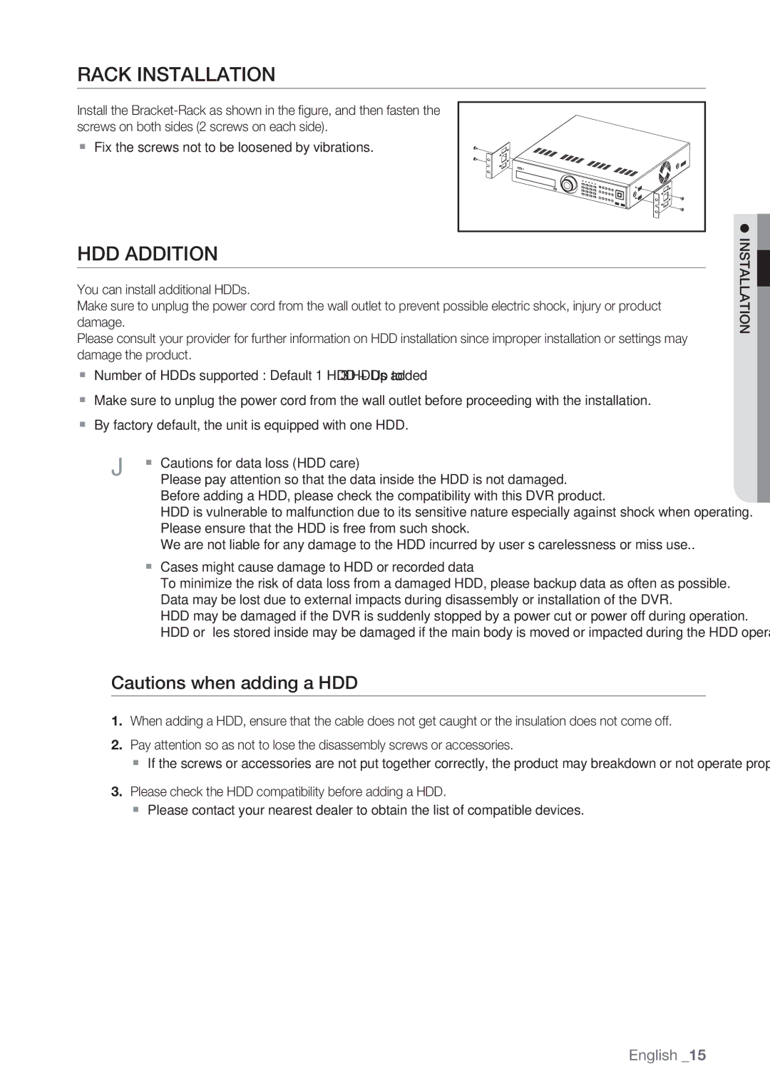 Samsung SRD-852D user manual Rack Installation, HDD Addition 