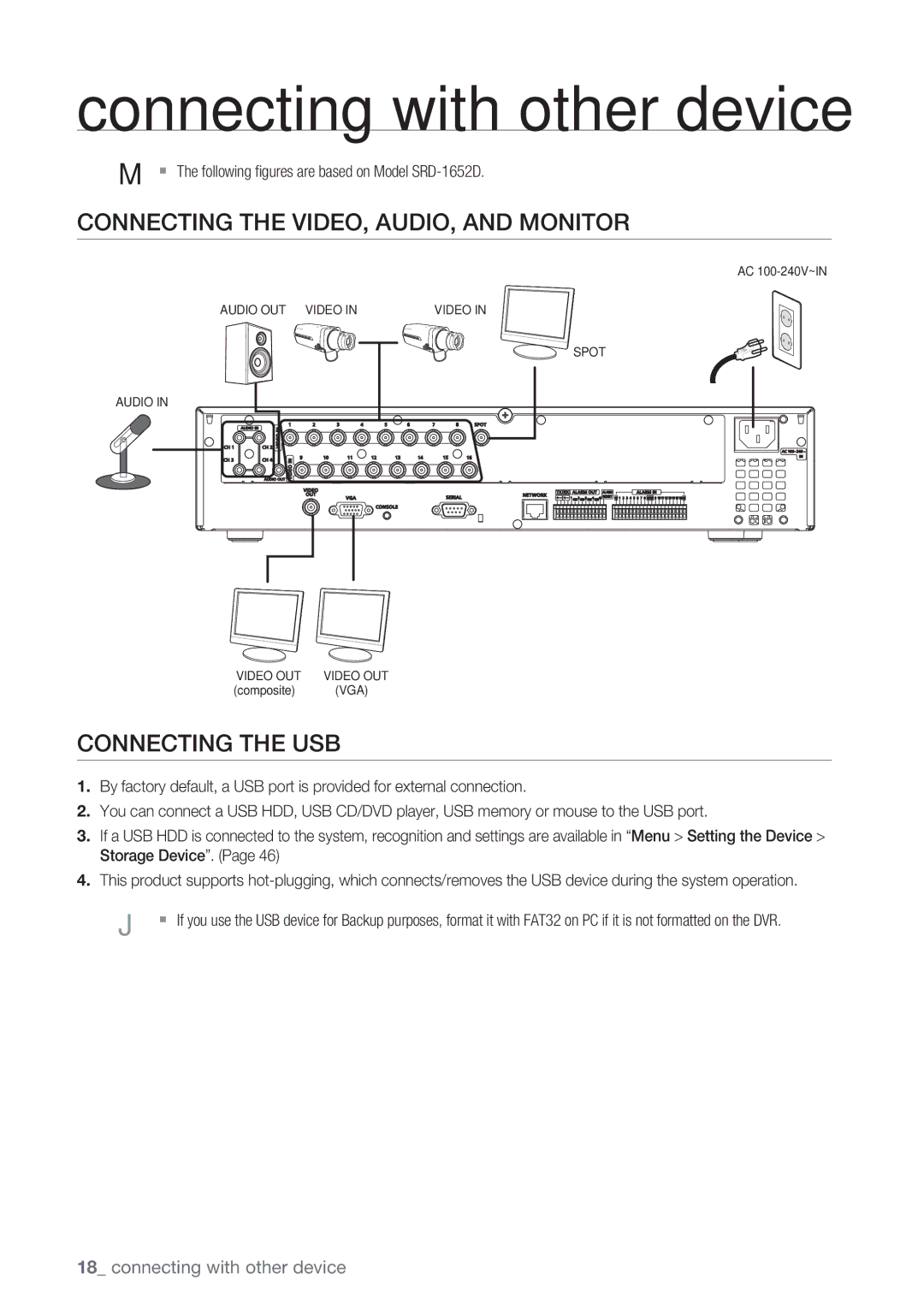 Samsung SRD-852D user manual Connecting the VIDEO, AUDIO, and Monitor, Connecting the USB 