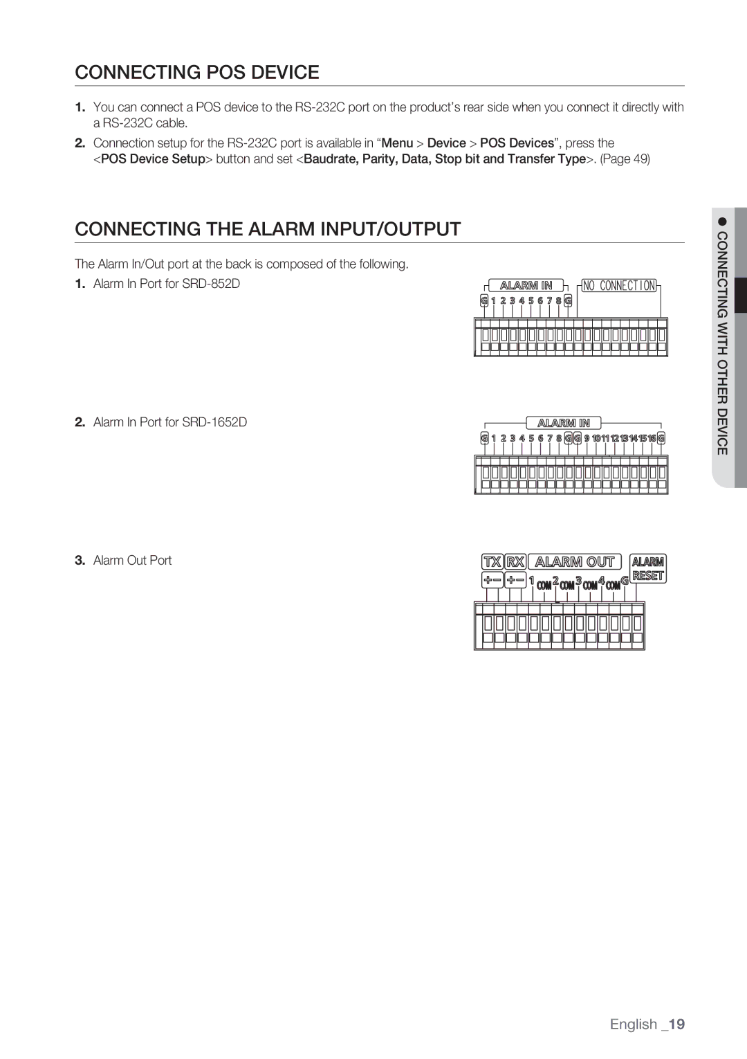 Samsung SRD-852D user manual Connecting POS Device, Connecting the Alarm INPUT/OUTPUT,  Connecting with Other Device 