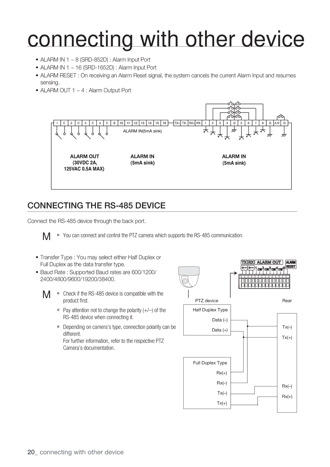 Samsung SRD-852D user manual Connecting the RS-485 Device 