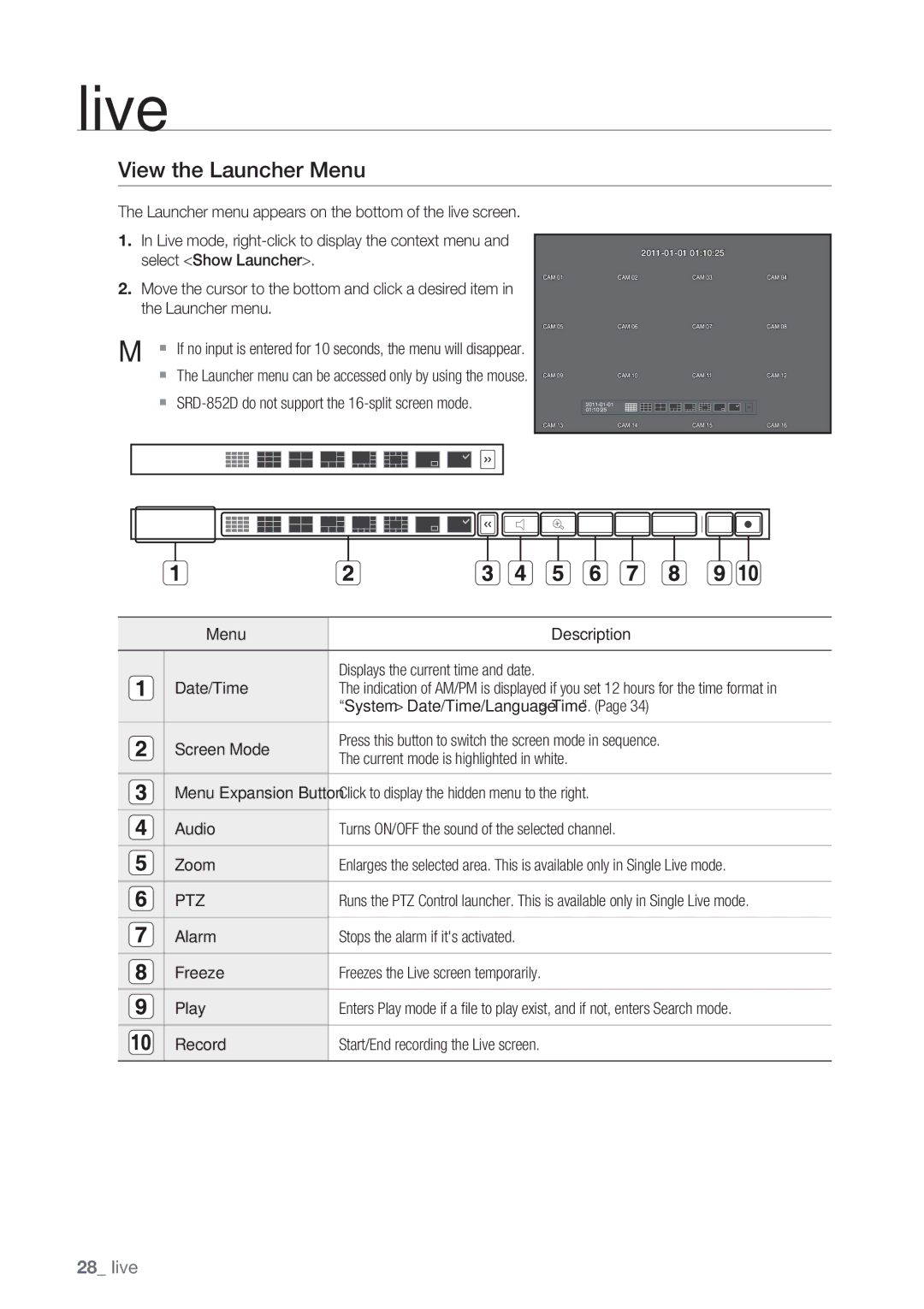 Samsung View the Launcher Menu,  SRD-852D do not support the 16-split screen mode, System Date/Time/Language Time, Ptz 