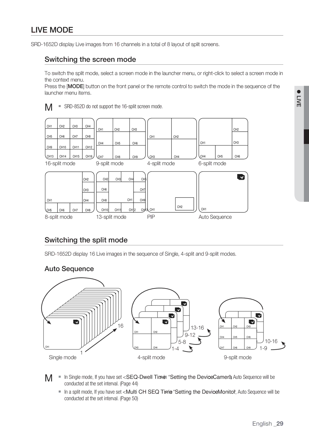 Samsung SRD-852D user manual Live Mode, Switching the screen mode, Switching the split mode, Auto Sequence, Pip 