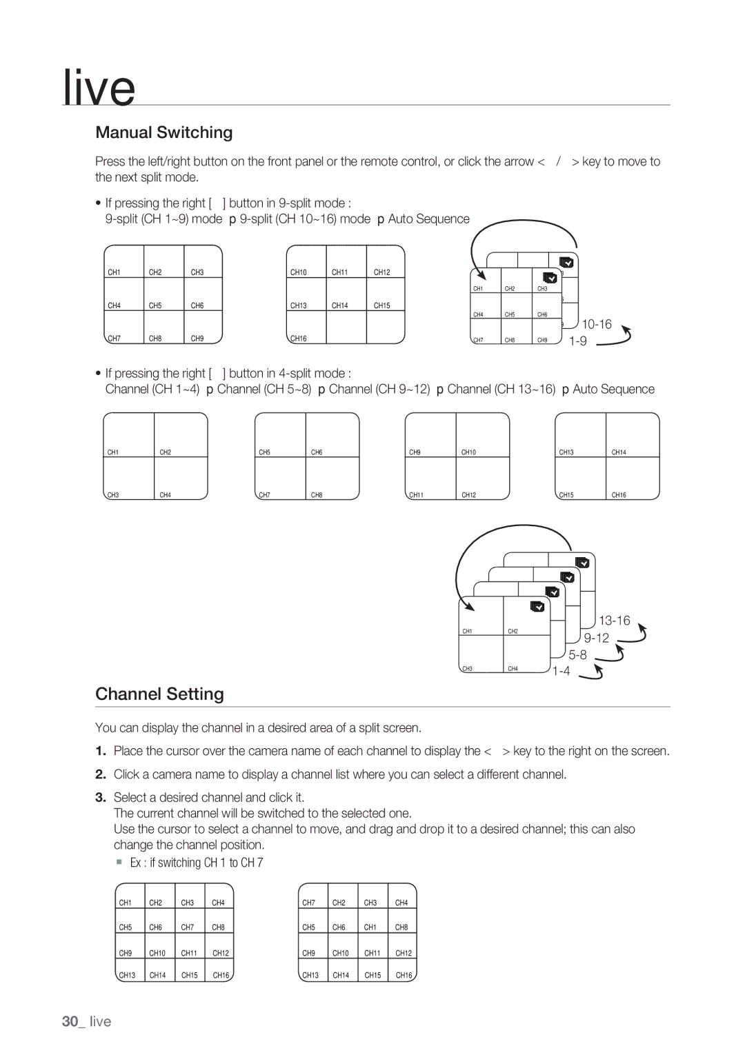 Samsung SRD-852D user manual Channel Setting, Manual Switching, 10-16, Channel CH 13~16 Auto Sequence 