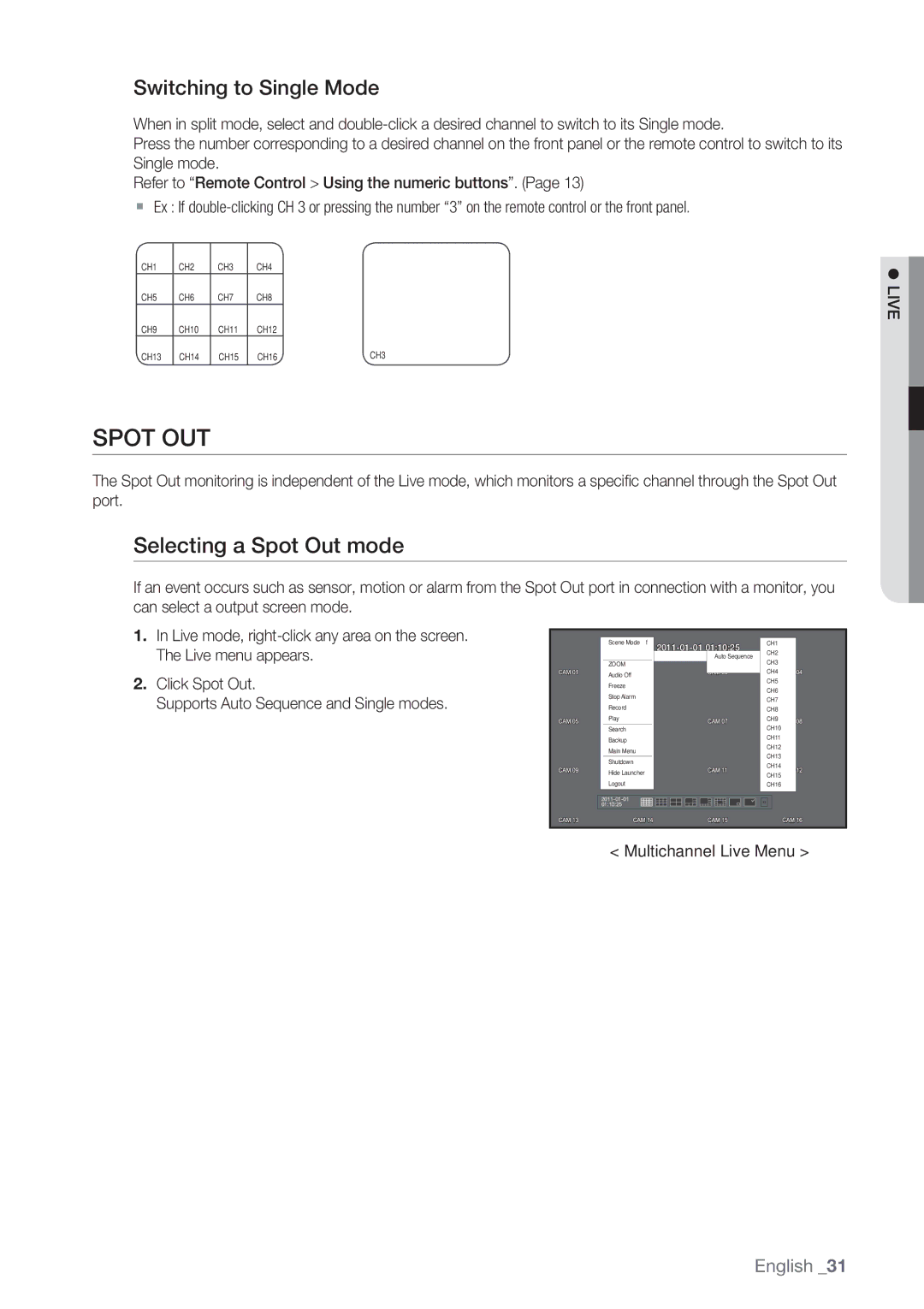 Samsung SRD-852D user manual Spot OUT, Selecting a Spot Out mode, Switching to Single Mode, Multichannel Live Menu 