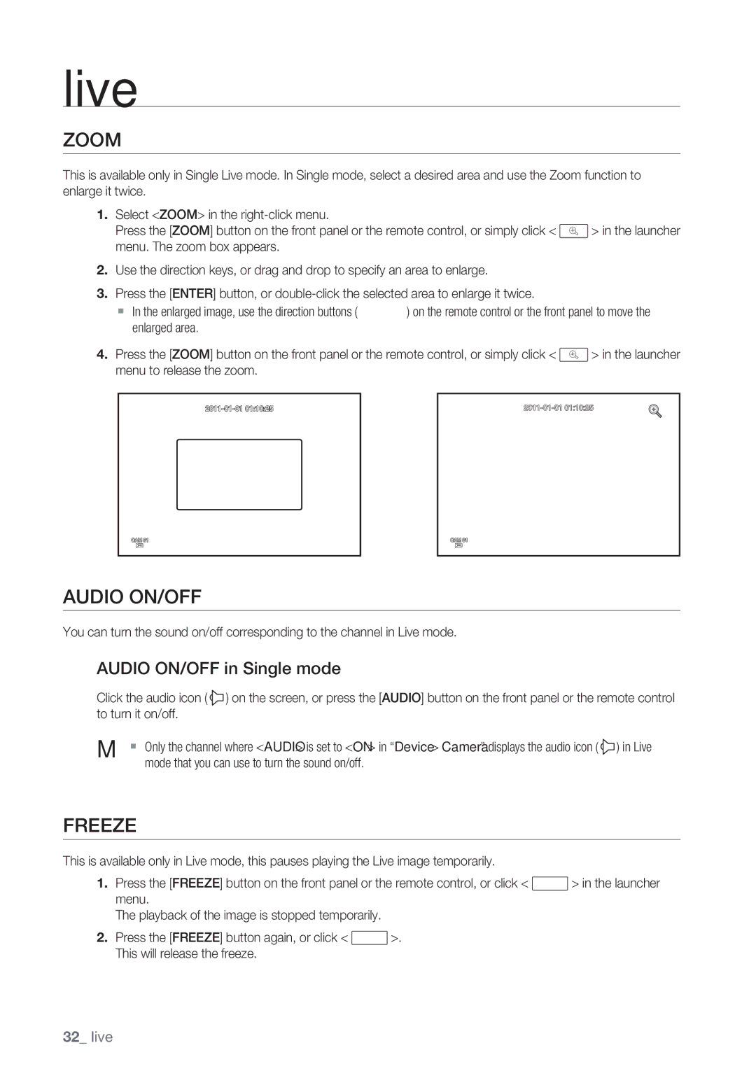 Samsung SRD-852D user manual Zoom, Freeze, Audio ON/OFF in Single mode 