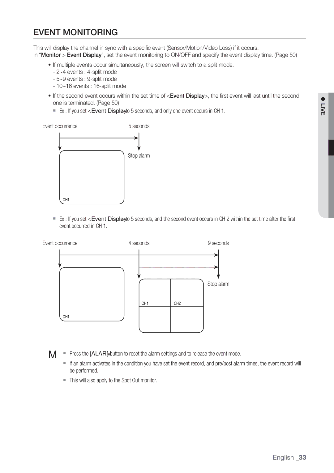 Samsung SRD-852D user manual Event Monitoring, Stop alarm 