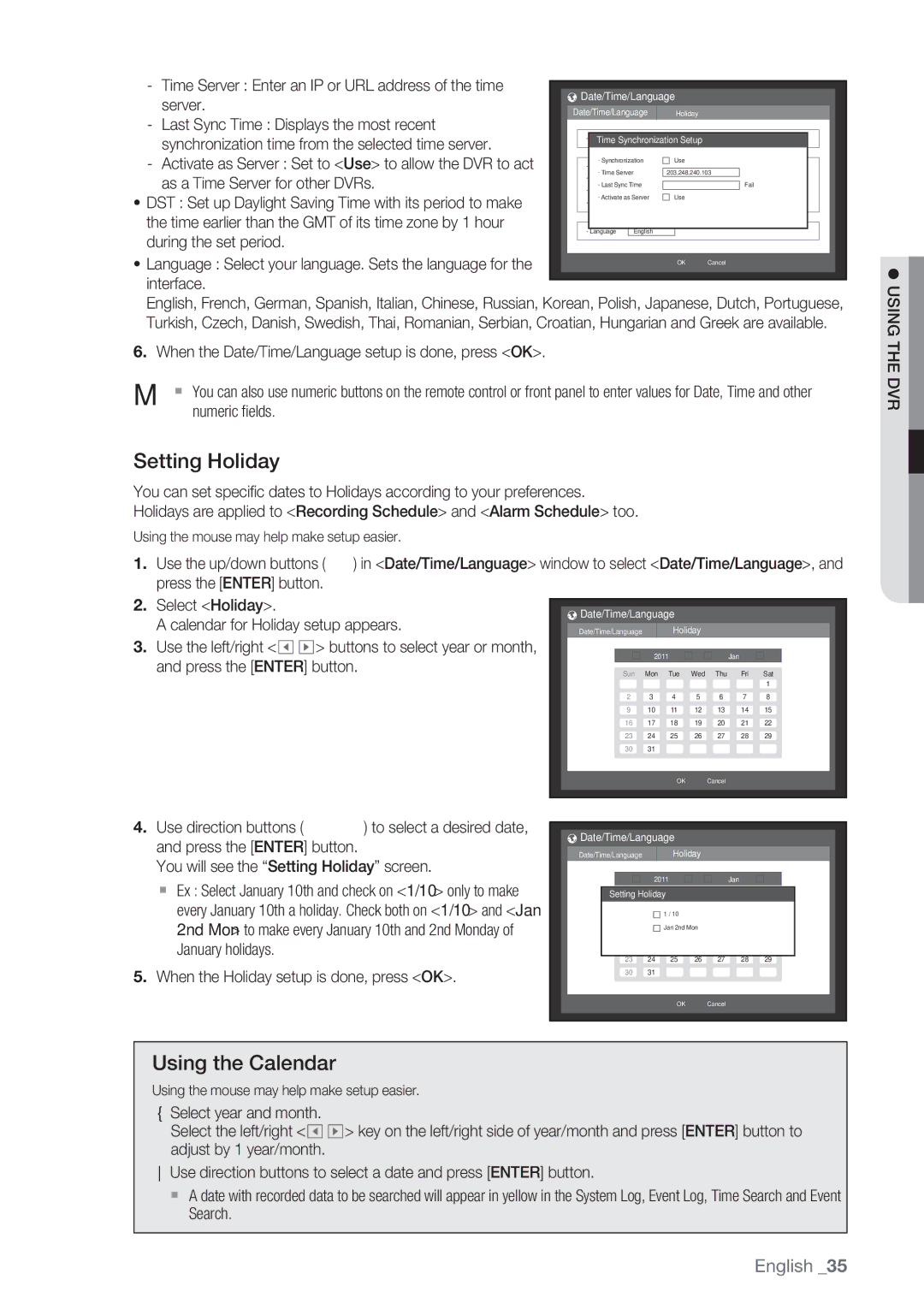 Samsung SRD-852D user manual Setting Holiday, Using the Calendar 