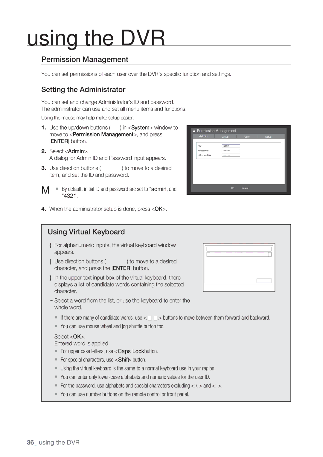 Samsung SRD-852D user manual Permission Management, Setting the Administrator, Using Virtual Keyboard 