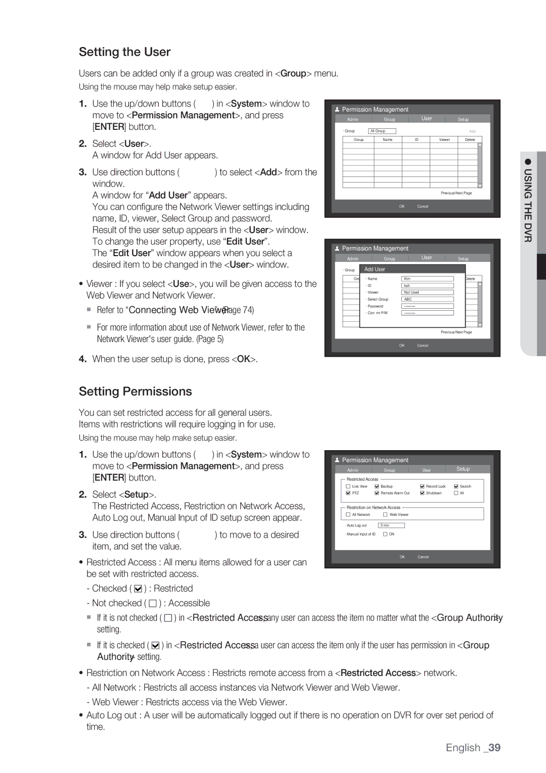 Samsung SRD-852D user manual Setting the User, Setting Permissions, When the user setup is done, press OK,  Using the DVR 