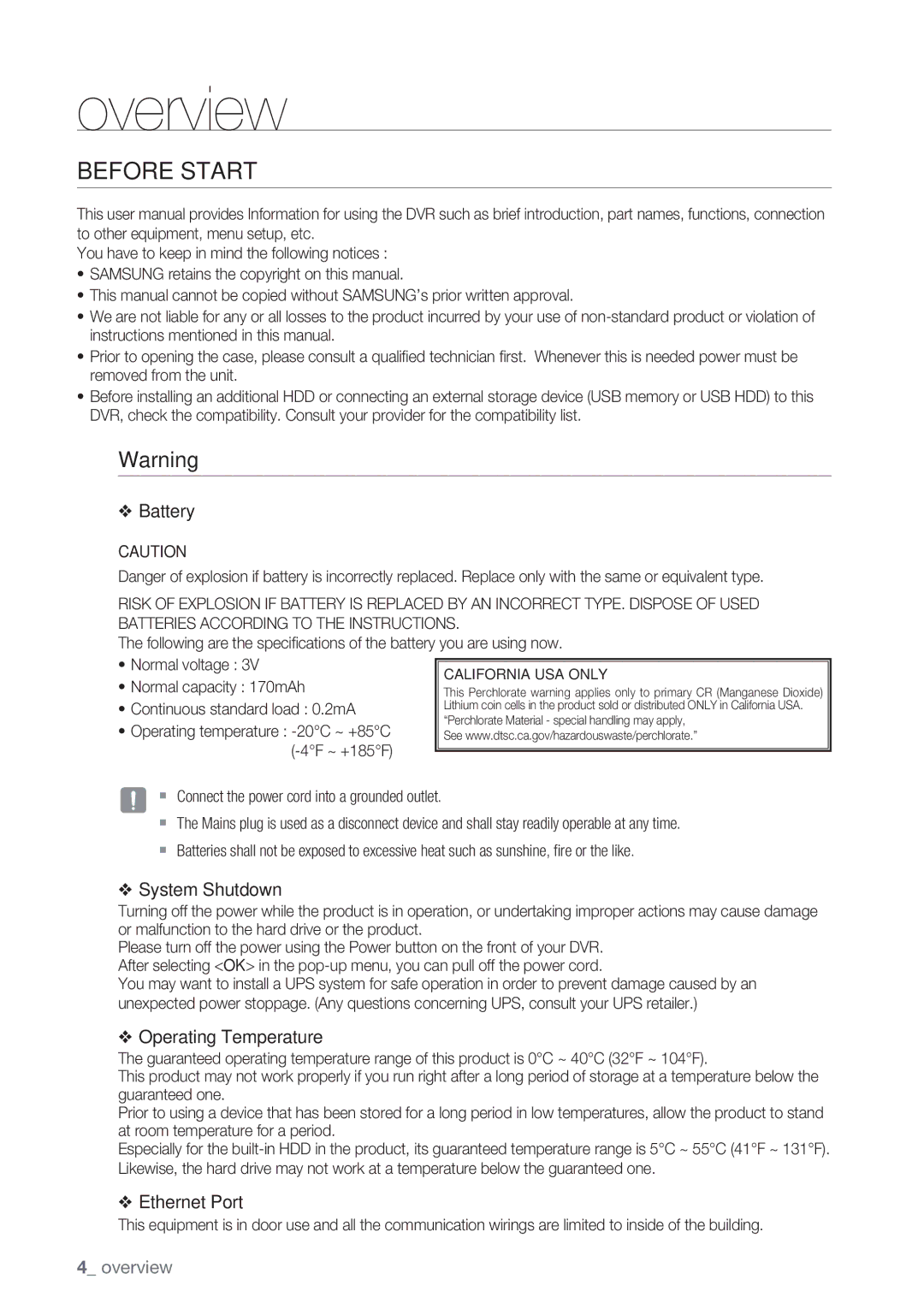 Samsung SRD-852D user manual Before Start, Normal capacity 170mAh, Continuous standard load 0.2mA 