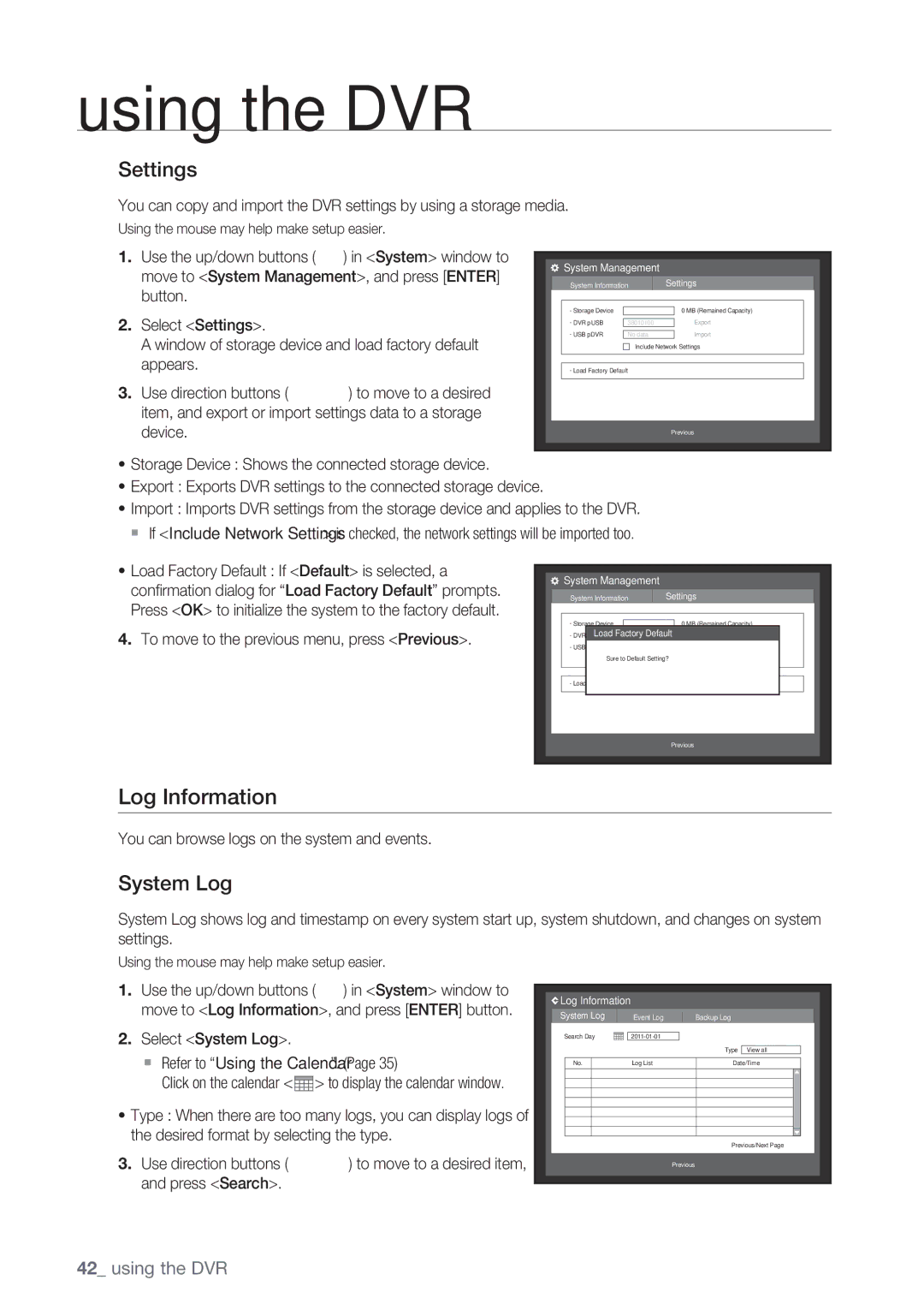 Samsung SRD-852D user manual Log Information, Settings, System Log 