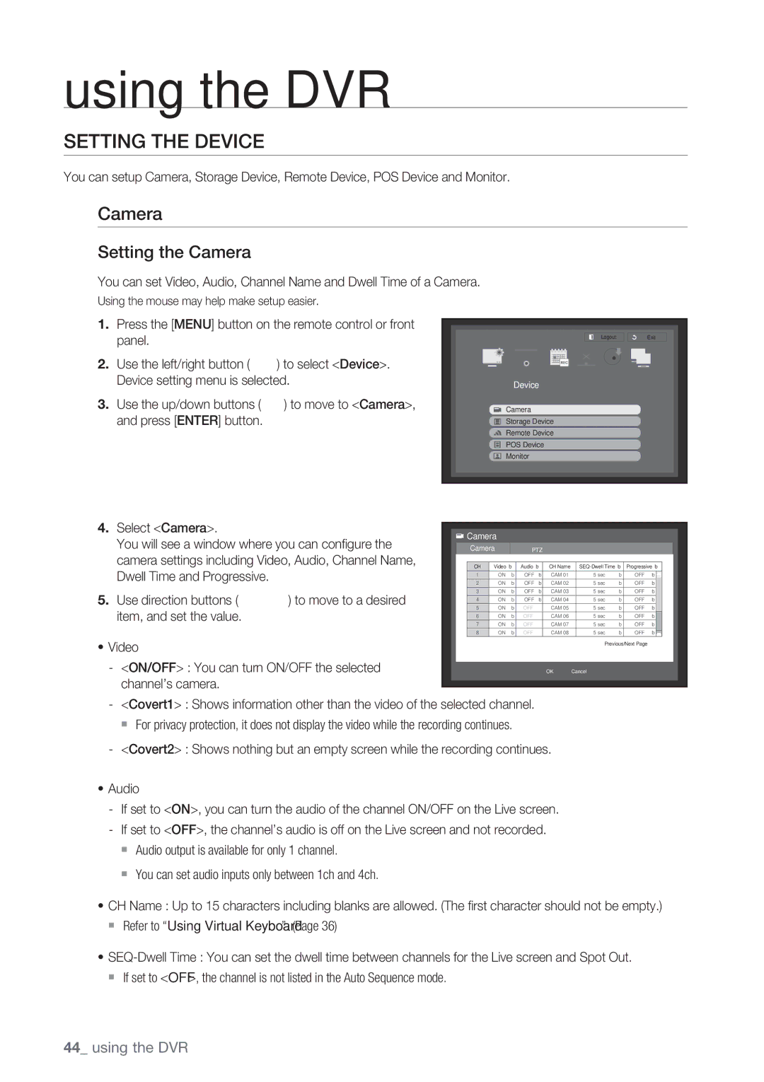 Samsung SRD-852D user manual Setting the Device, Setting the Camera, Press Enter button 