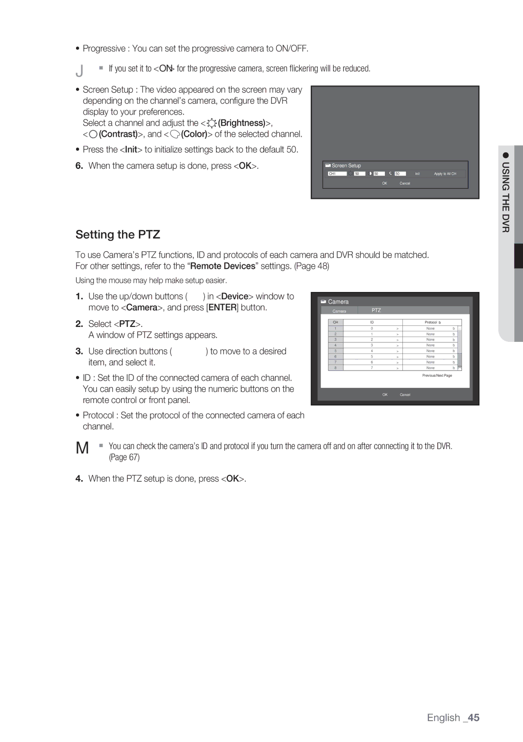 Samsung SRD-852D user manual Setting the PTZ, When the camera setup is done, press OK, Usingthe DVR, Item, and select it 