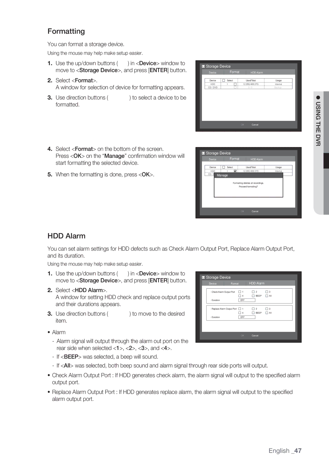 Samsung SRD-852D user manual Formatting, HDD Alarm, You can format a storage device, Select Format 