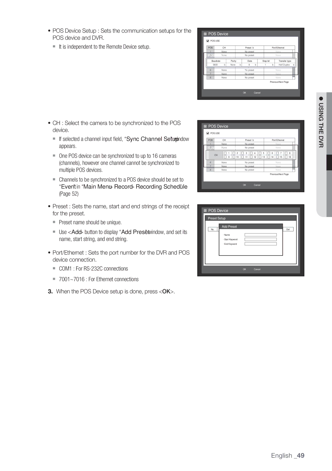 Samsung SRD-852D user manual POS Device Setup, Sync Channel Setup, Preset Setup, Add Preset 