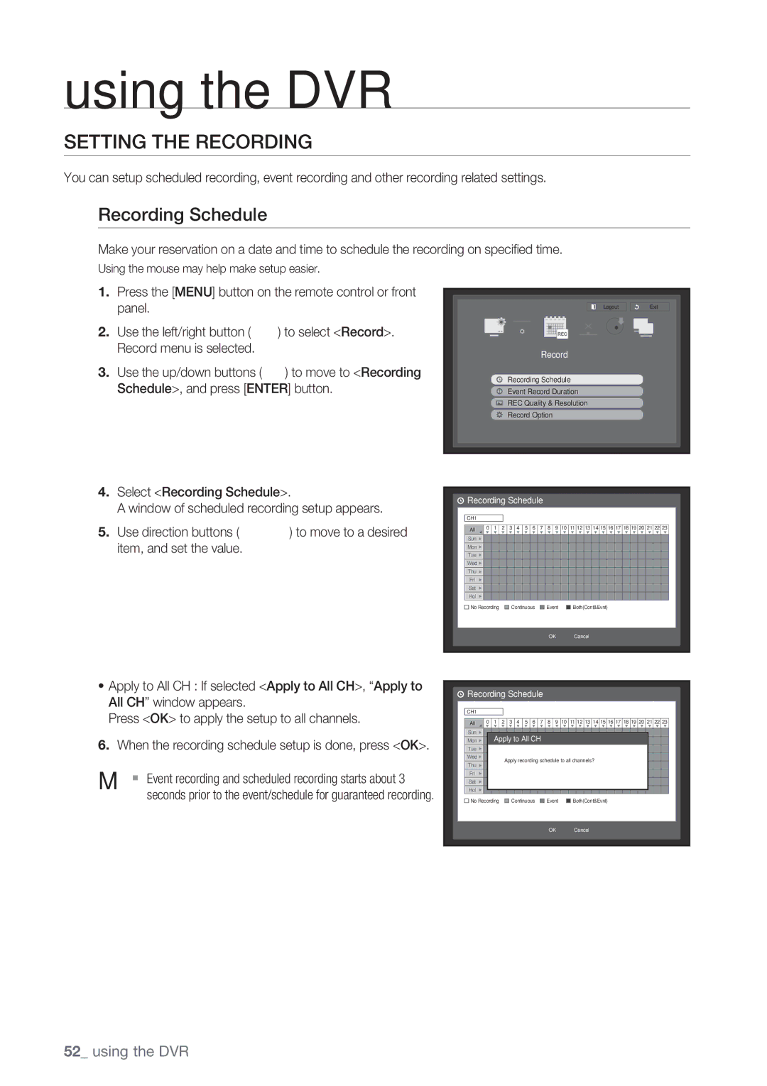 Samsung SRD-852D user manual Setting the Recording, Recording Schedule 