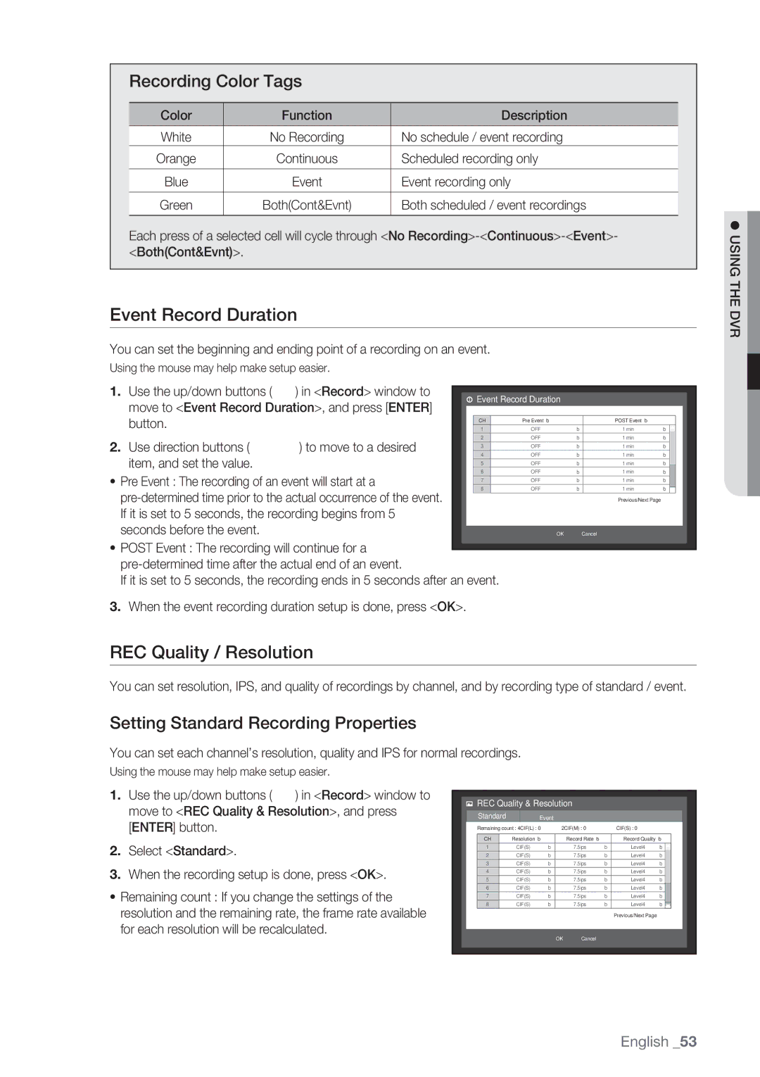 Samsung SRD-852D user manual Event Record Duration, REC Quality / Resolution, Recording Color Tags 