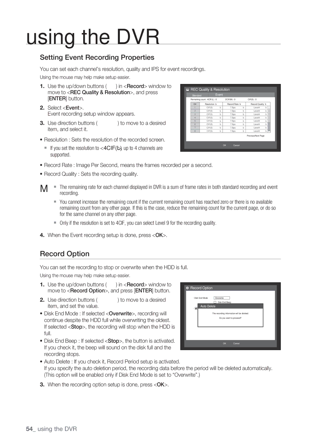 Samsung SRD-852D user manual Record Option, Setting Event Recording Properties, Auto Delete 