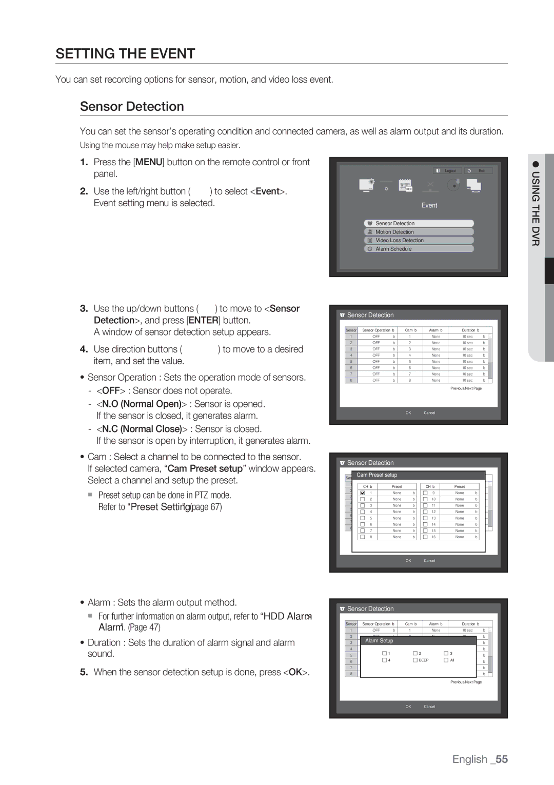 Samsung SRD-852D user manual Setting the Event, Sensor Detection 