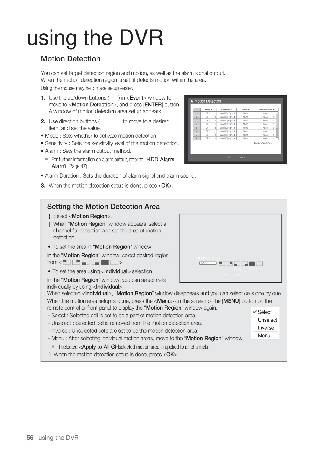 Samsung SRD-852D user manual Setting the Motion Detection Area, Window of motion detection area setup appears 