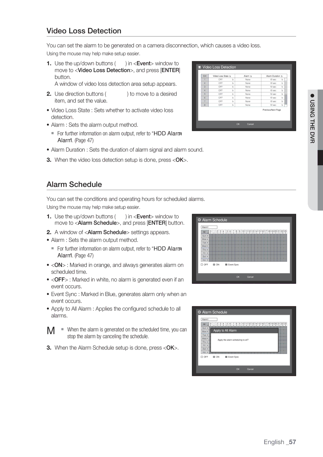 Samsung SRD-852D user manual Video Loss Detection, Alarm Schedule 