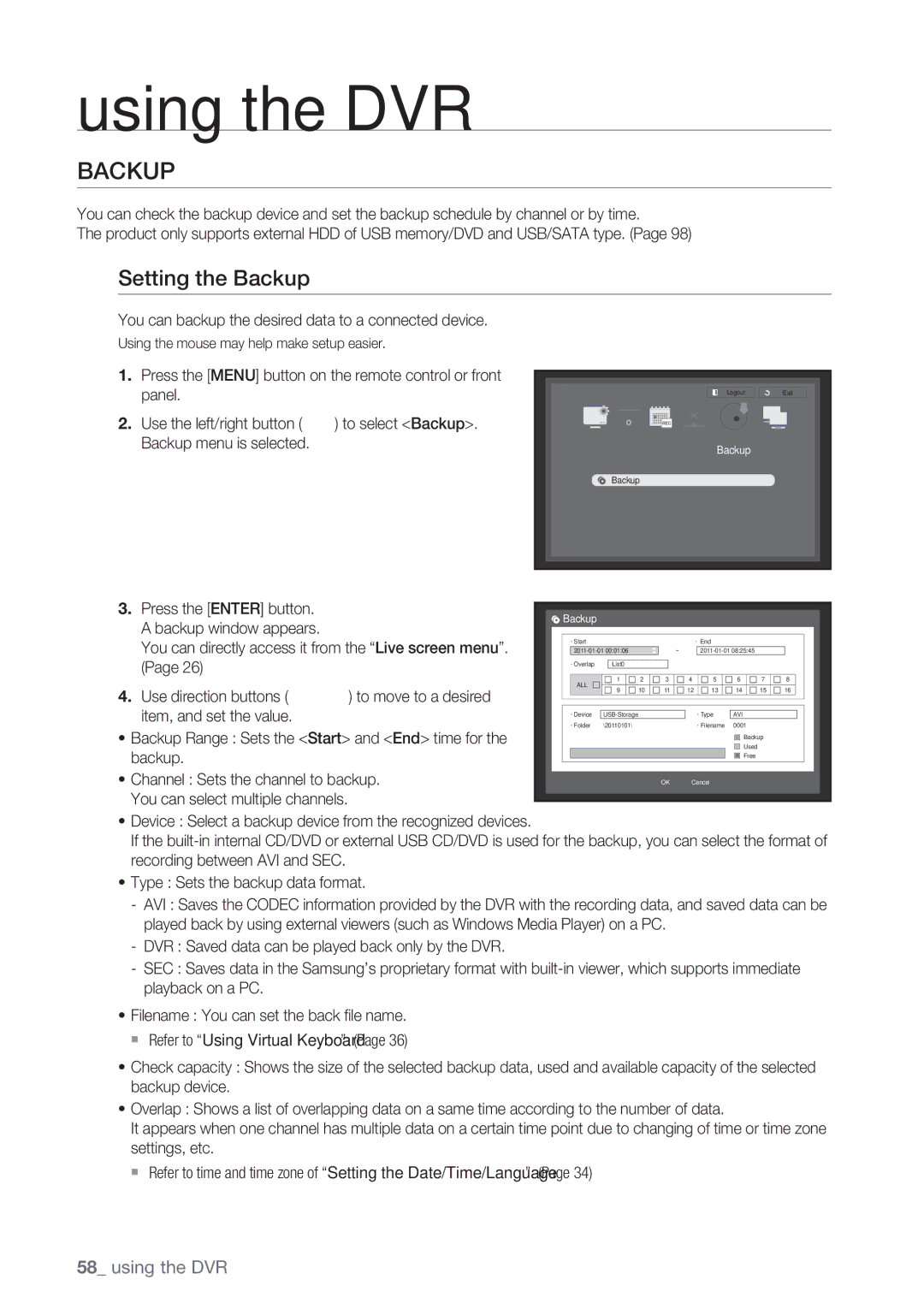 Samsung SRD-852D user manual Setting the Backup, You can backup the desired data to a connected device 