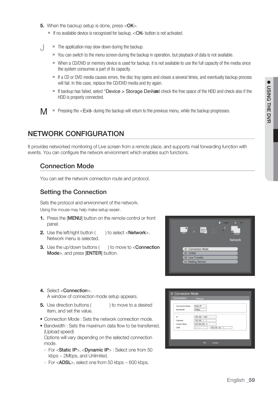 Samsung SRD-852D user manual Network Configuration, Connection Mode, Setting the Connection 