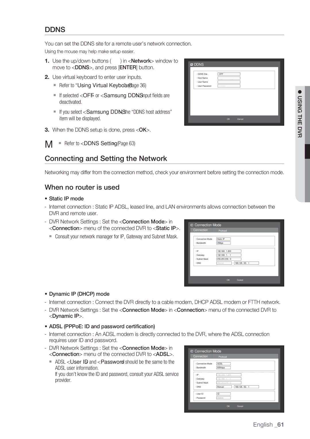 Samsung SRD-852D user manual Connecting and Setting the Network, When no router is used,  Refer to Ddns Setting 