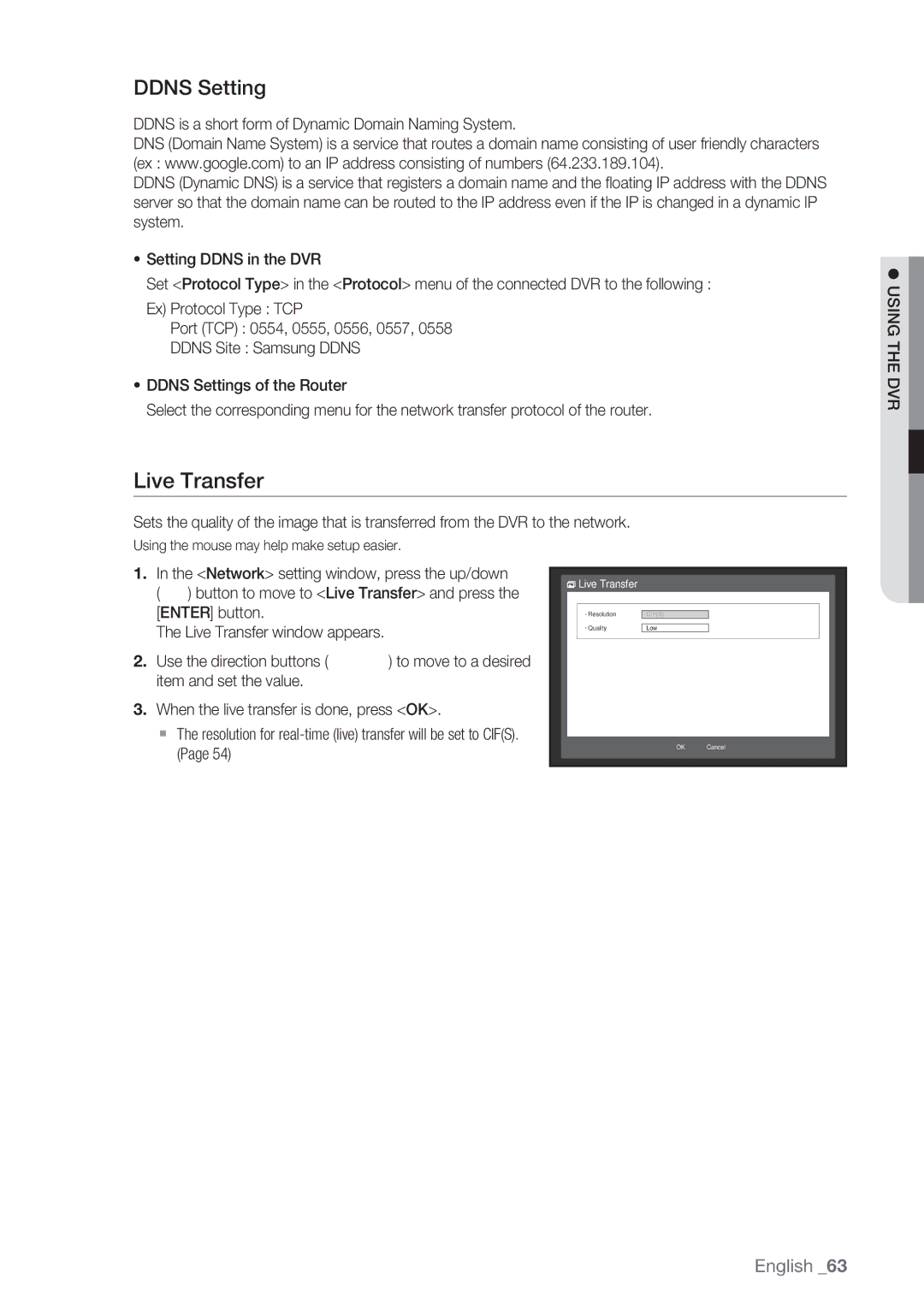 Samsung SRD-852D user manual Live Transfer, Ddns Setting 