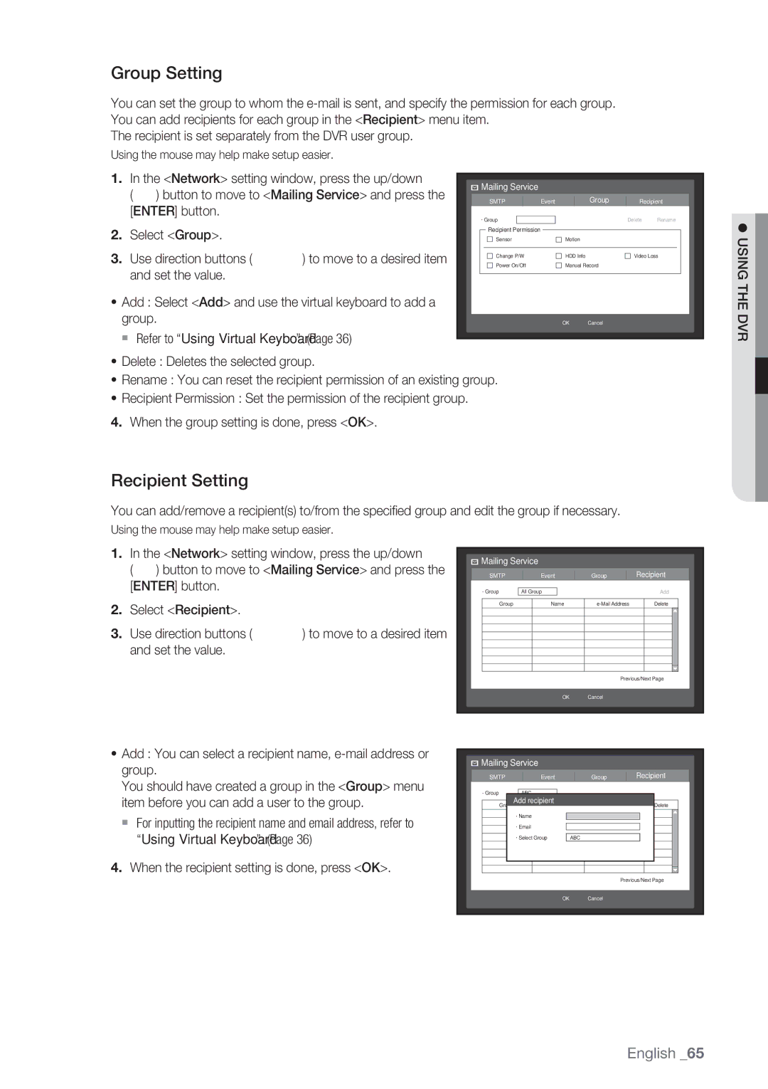 Samsung SRD-852D Group Setting, Recipient Setting, When the recipient setting is done, press OK, GroupAdd recipient 