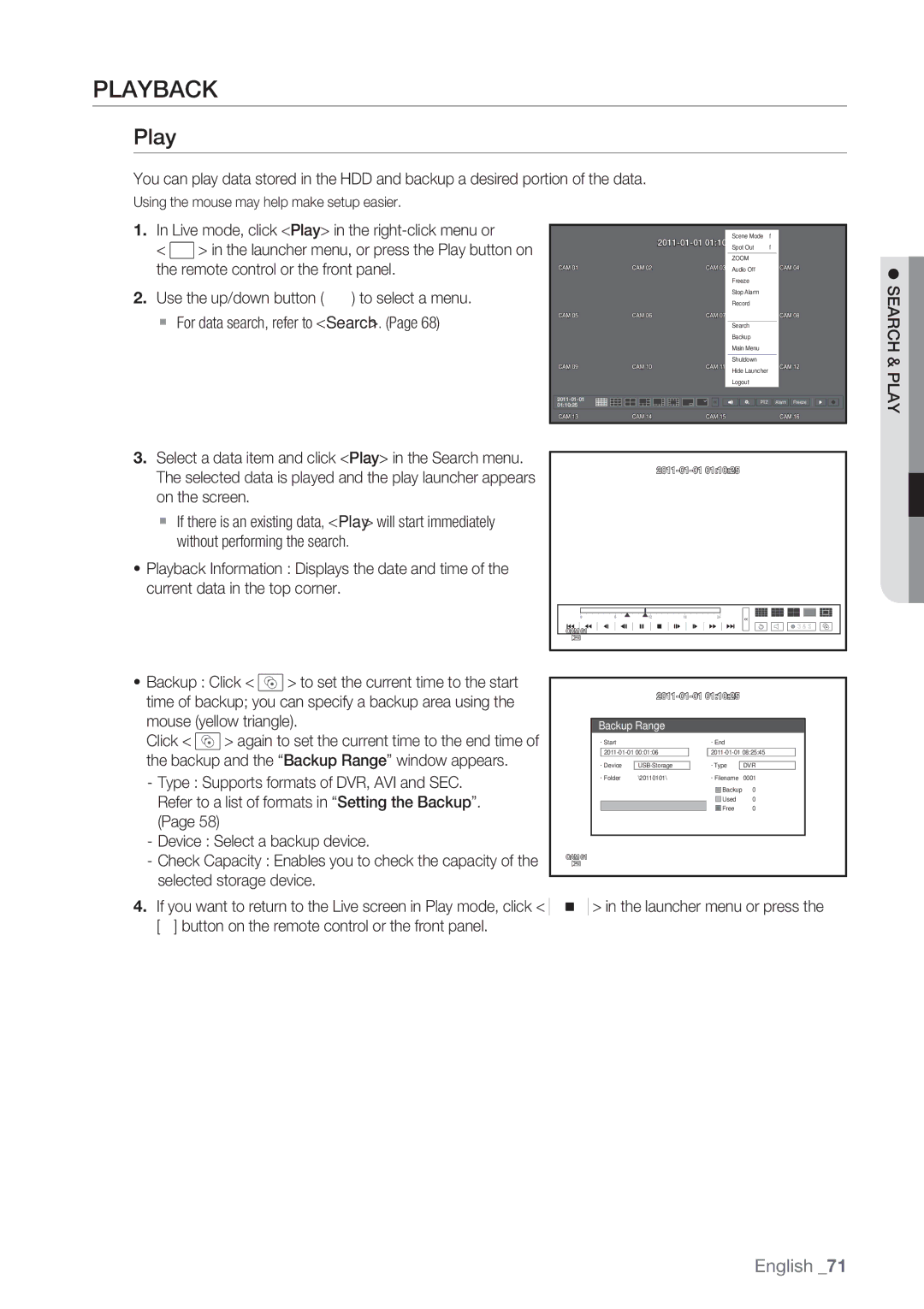 Samsung SRD-852D user manual Playback, Backup Range 