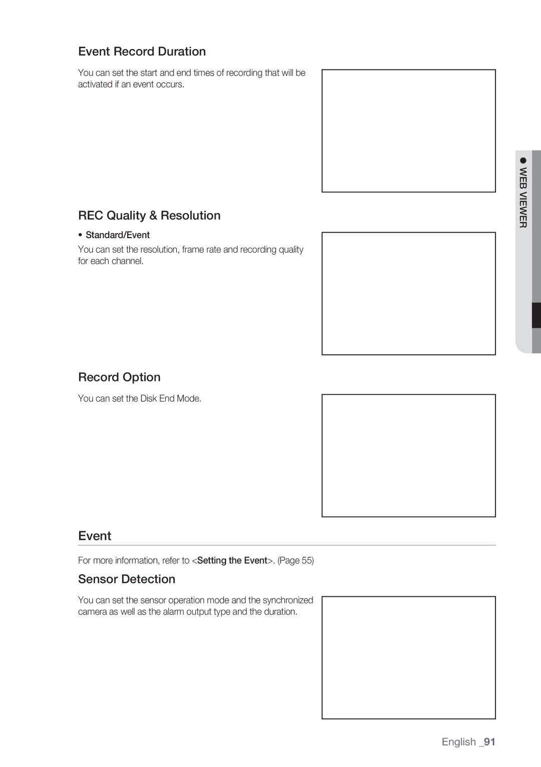 Samsung SRD-852D user manual Event Record Duration, REC Quality & Resolution, Record Option, Sensor Detection 