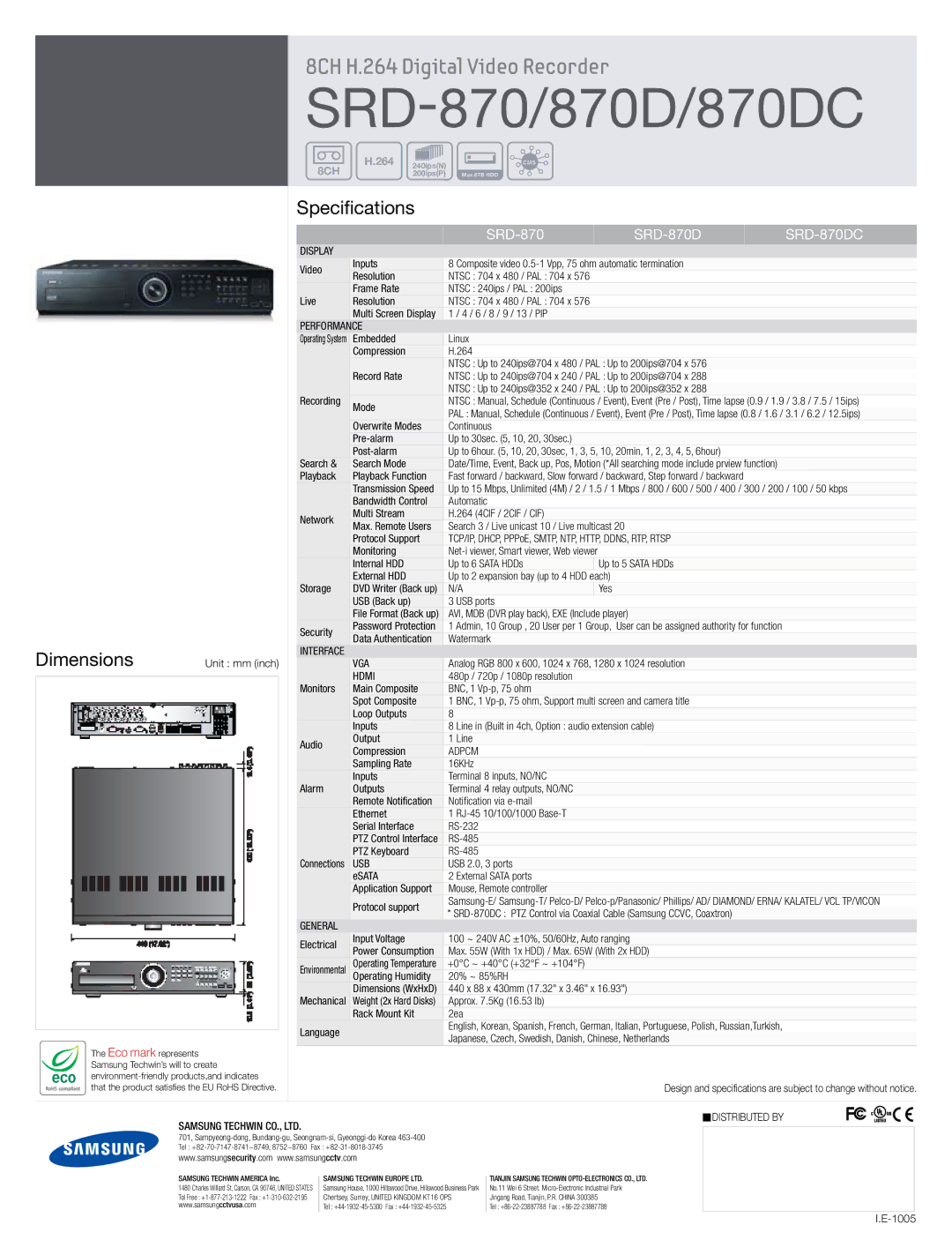 Samsung SRD-870D manual Dimensions, Specifications 