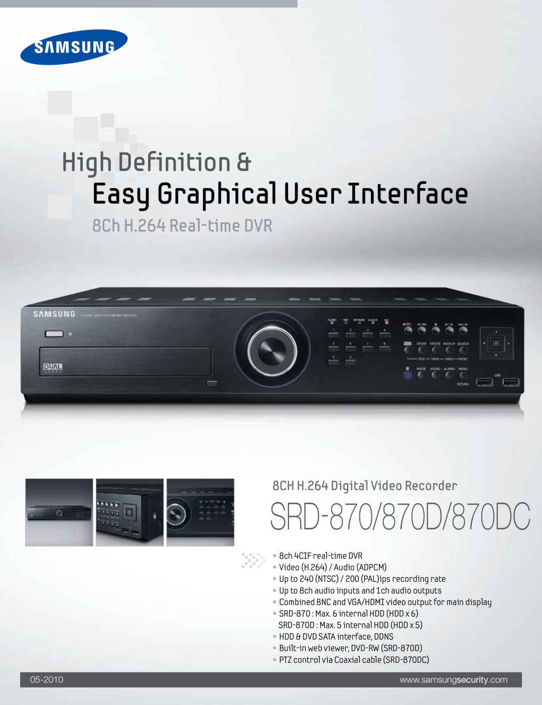 Samsung manual SRD-870/870D/870DC, Easy Graphical User Interface, High Definition, 8Ch H.264 Real-time DVR, 05-2010 