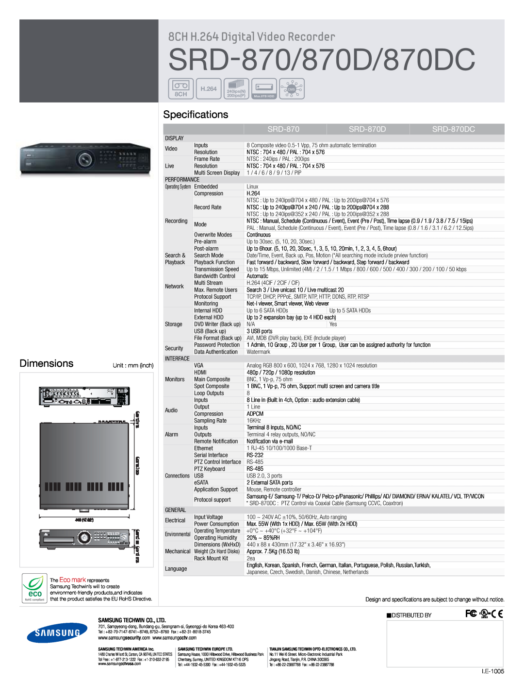 Samsung manual SRD-870/870D/870DC, 8CH H.264 Digital Video Recorder, Dimensions, Specifications, SRD-870DC 