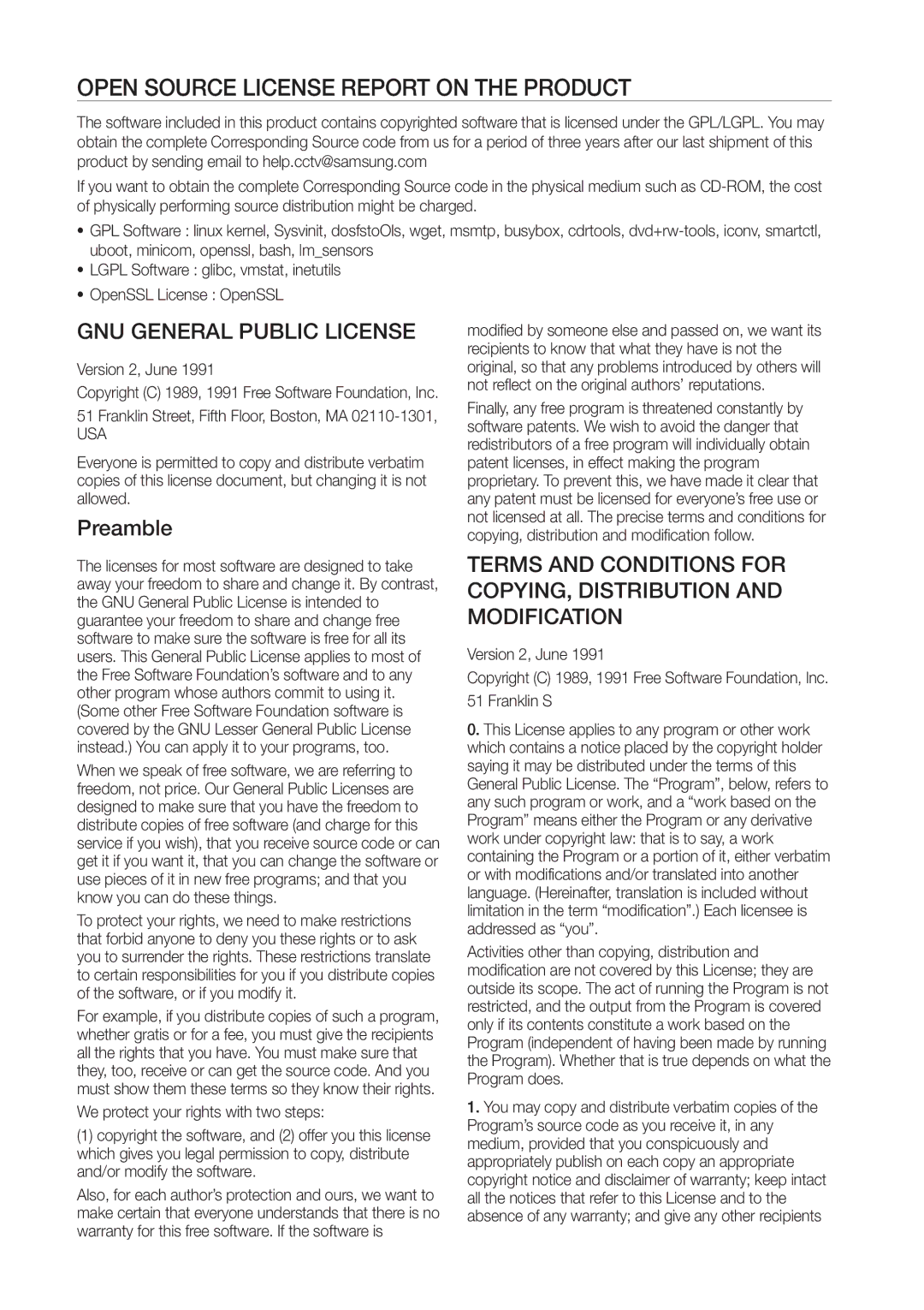 Samsung SRD470D500 user manual Open Source License Report on the Product, Preamble, Version 2, June, Usa 