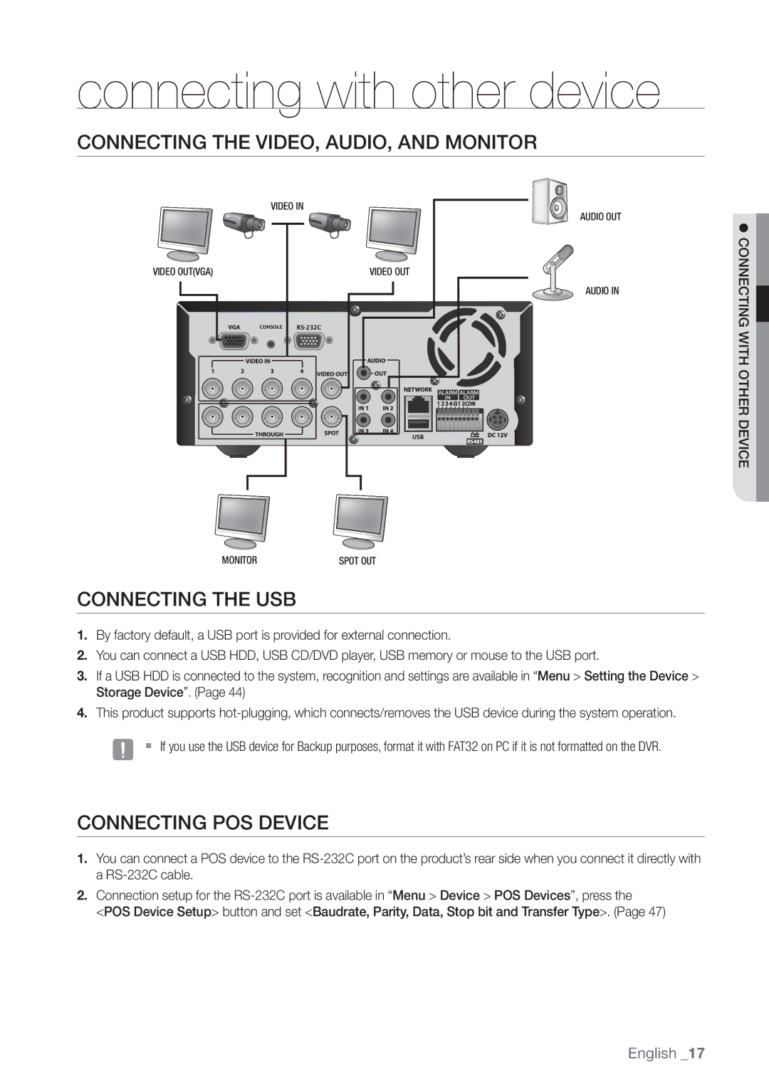 Samsung SRD470D500 user manual Connecting the VIDEO, AUDIO, and Monitor, Connecting the USB, Connecting POS Device 