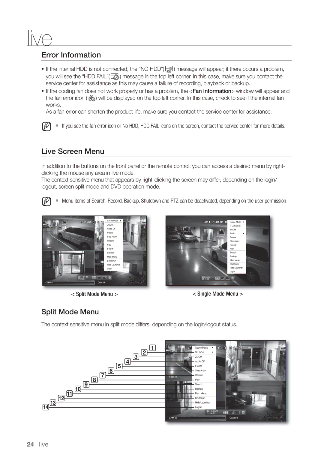 Samsung SRD470D500 user manual Error Information, Live Screen Menu, Split Mode Menu, 2011-01-01 