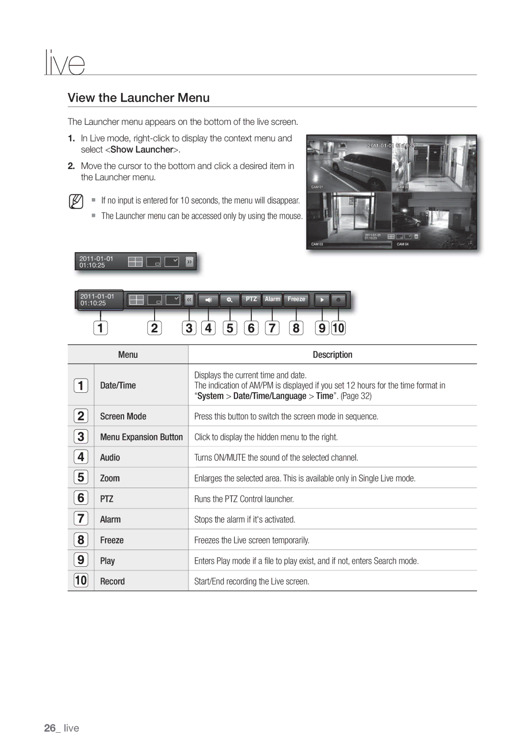 Samsung SRD470D500 user manual View the Launcher Menu, System Date/Time/Language Time, Ptz, PTZ Alarm Freeze 